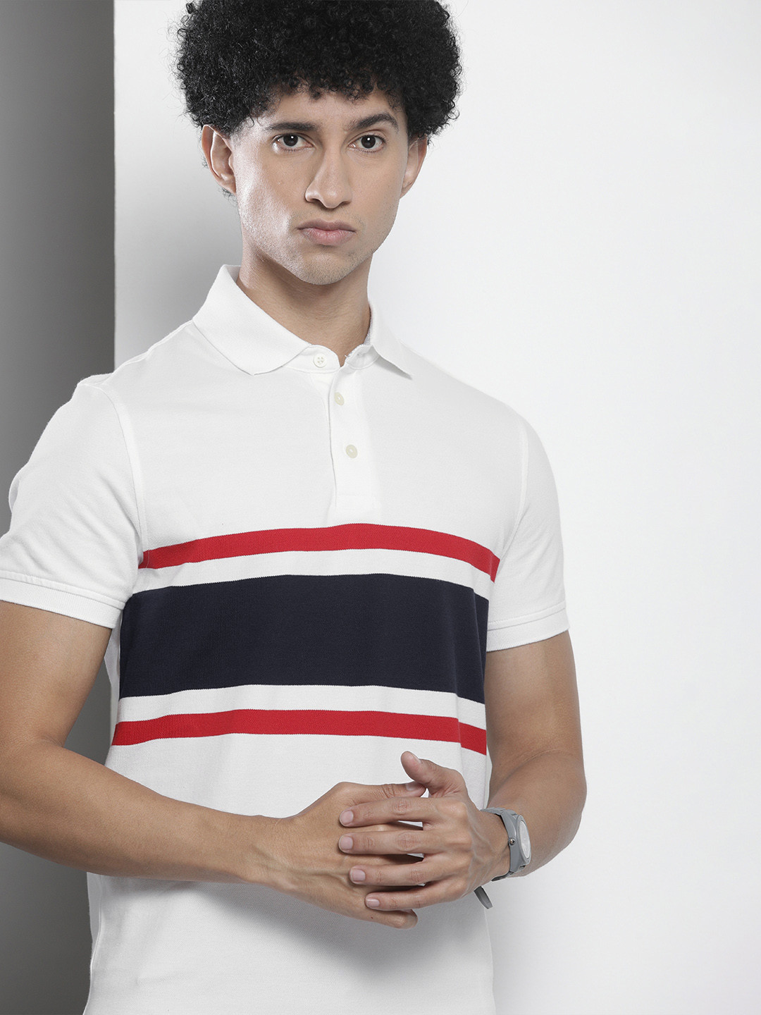 Tommy Hilfiger Men White & Navy Blue Striped Polo Collar Slim Fit T-shirt