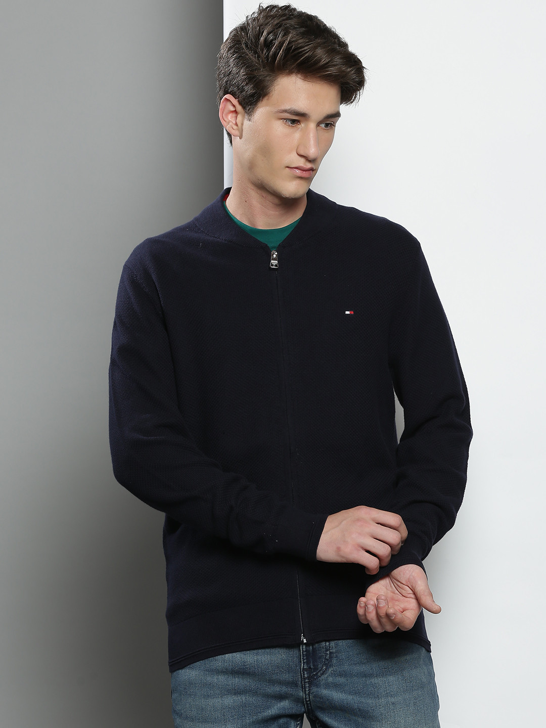 Tommy Hilfiger Men Navy Blue Knitted Zipper Cardigan