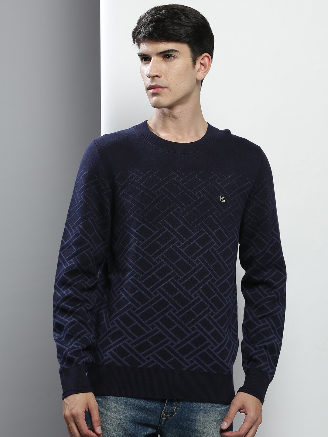 Tommy Hilfiger Men Navy Blue Geometric Design Cotton Pullover