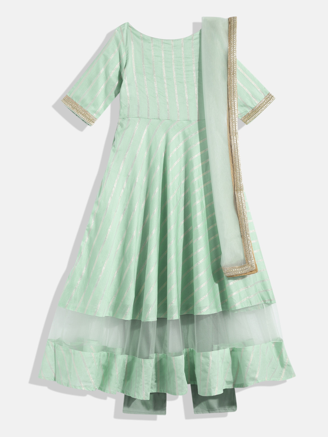 Ethnovog Girls Green Striped Pleated Made To Measure Kurta with Pyjamas  Dupatta