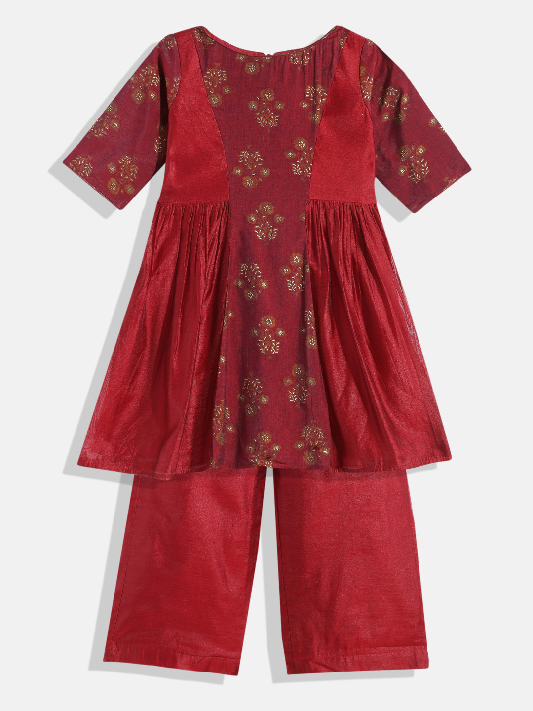 Ethnovog Girls Maroon Floral Print Panelled Made To Measure Kurta with Palazzos