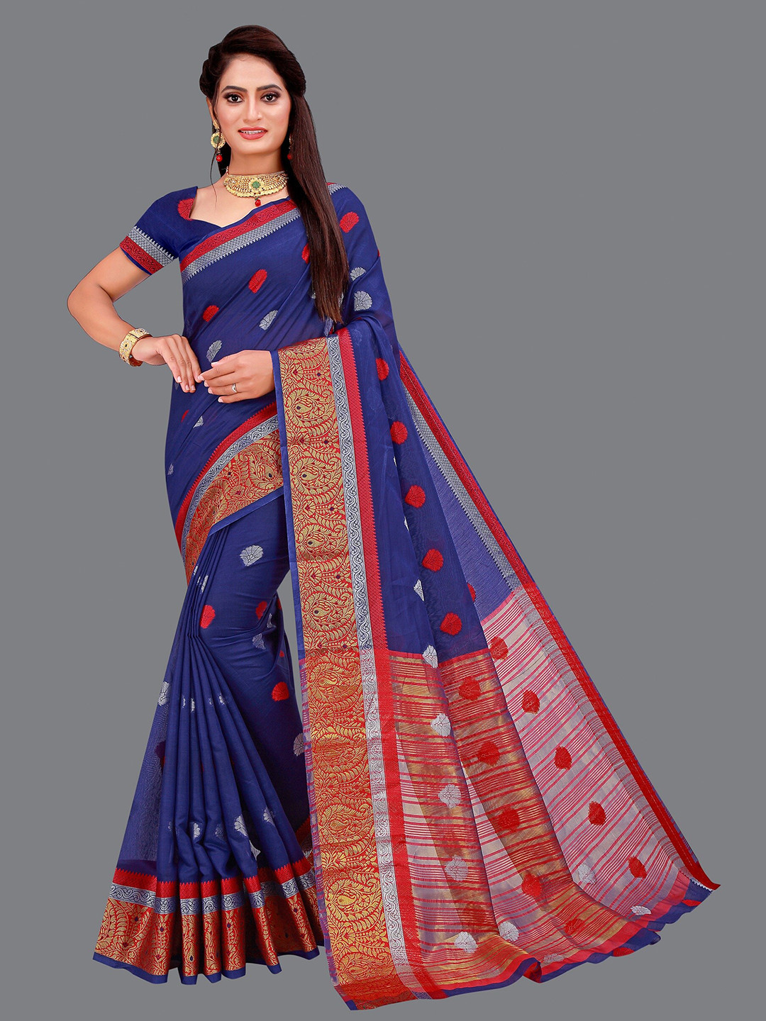 SHAIBO SAREE Blue & Red Woven Design Zari Saree