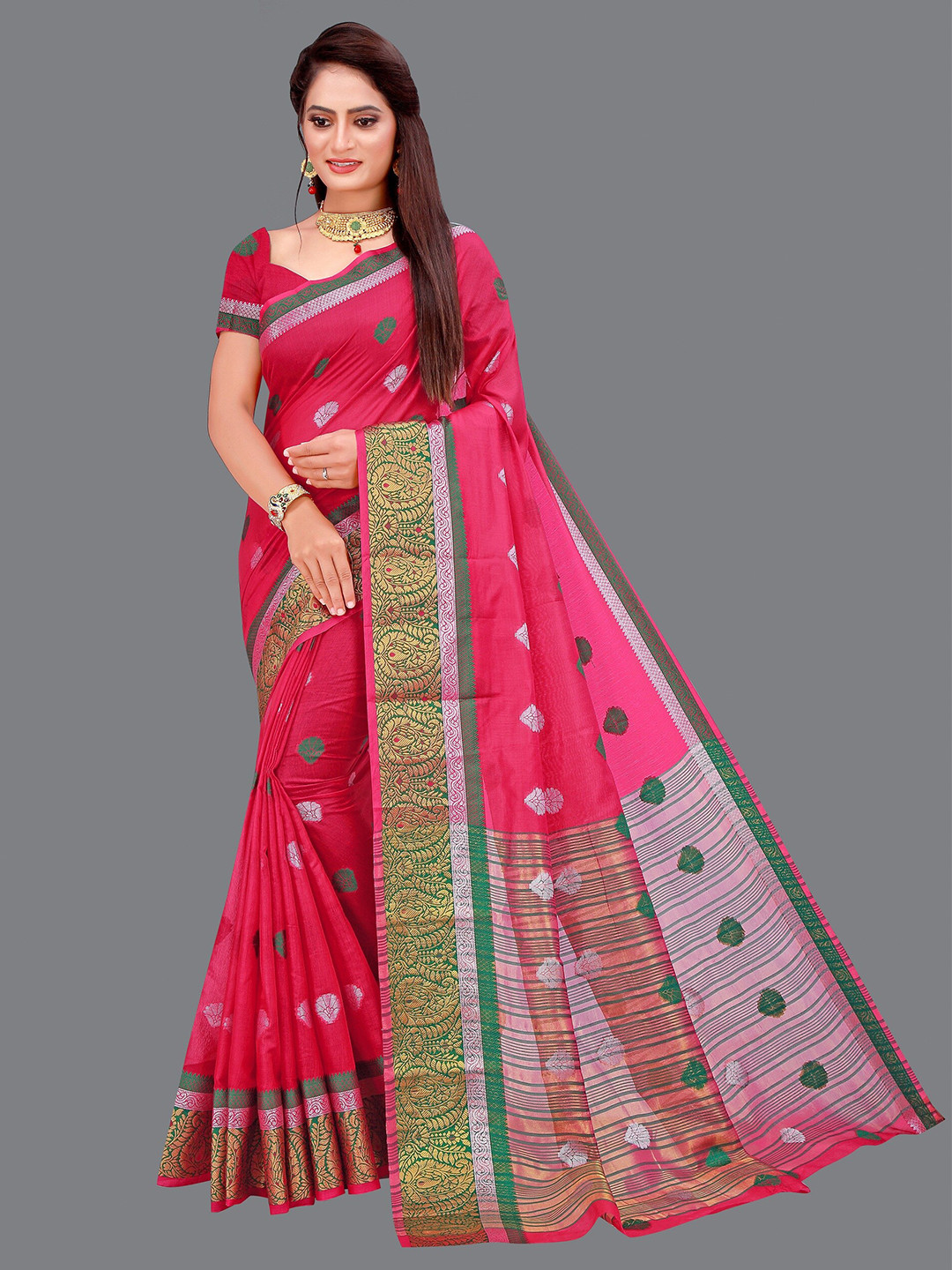 SHAIBO SAREE Red & Green Woven Design Zari Saree