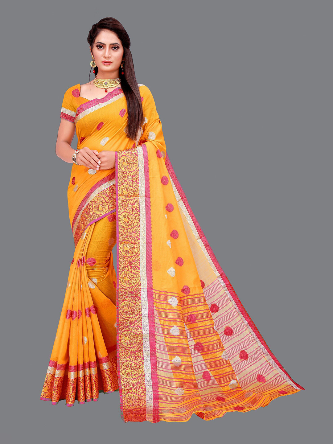 SHAIBO SAREE Yellow & Pink Woven Design Zari Saree