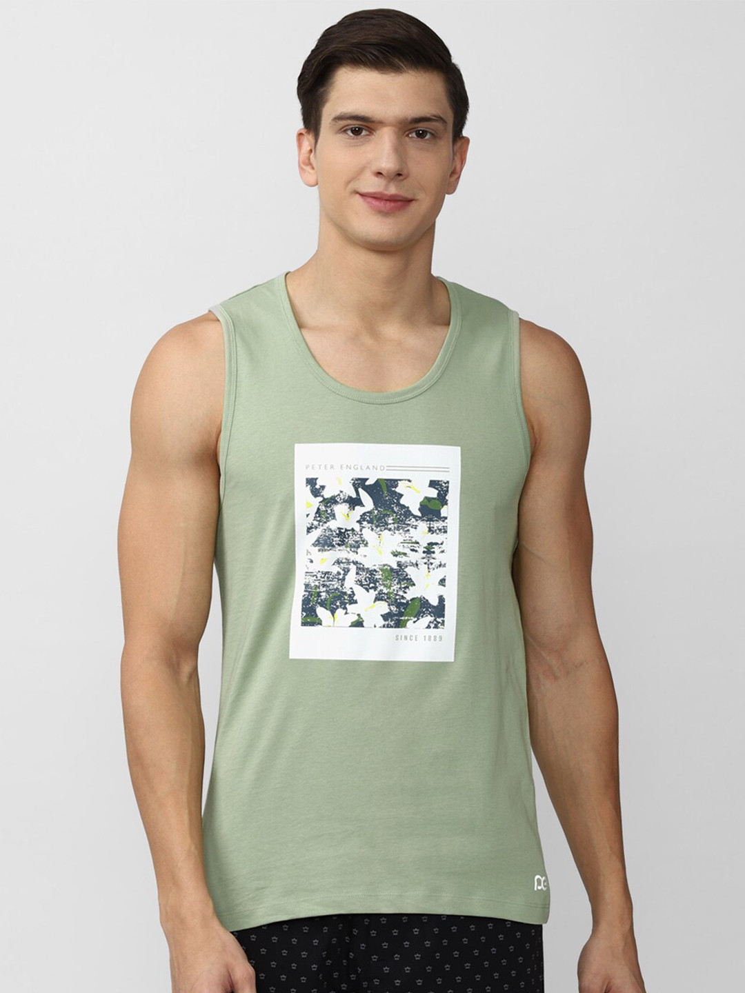 Peter England Men Green Printed Tropical Raw Edge T-shirt