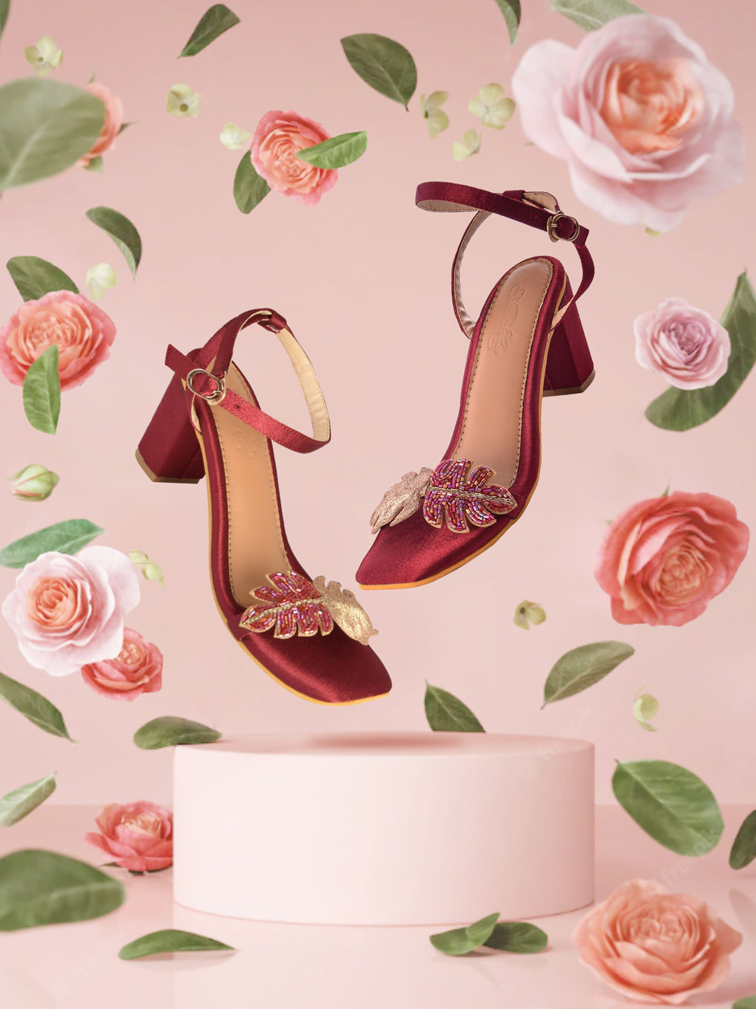 Sole House Maroon Embellished Block Heeled Sandals