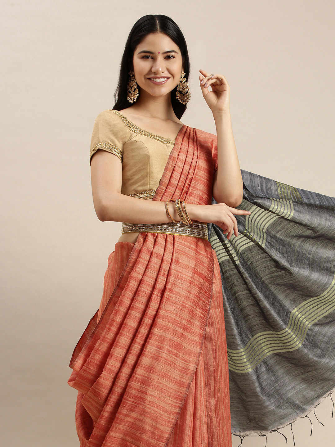 swatika Rust Orange Woven Design Bhagalpuri Saree with Unstitched Blouse Piece