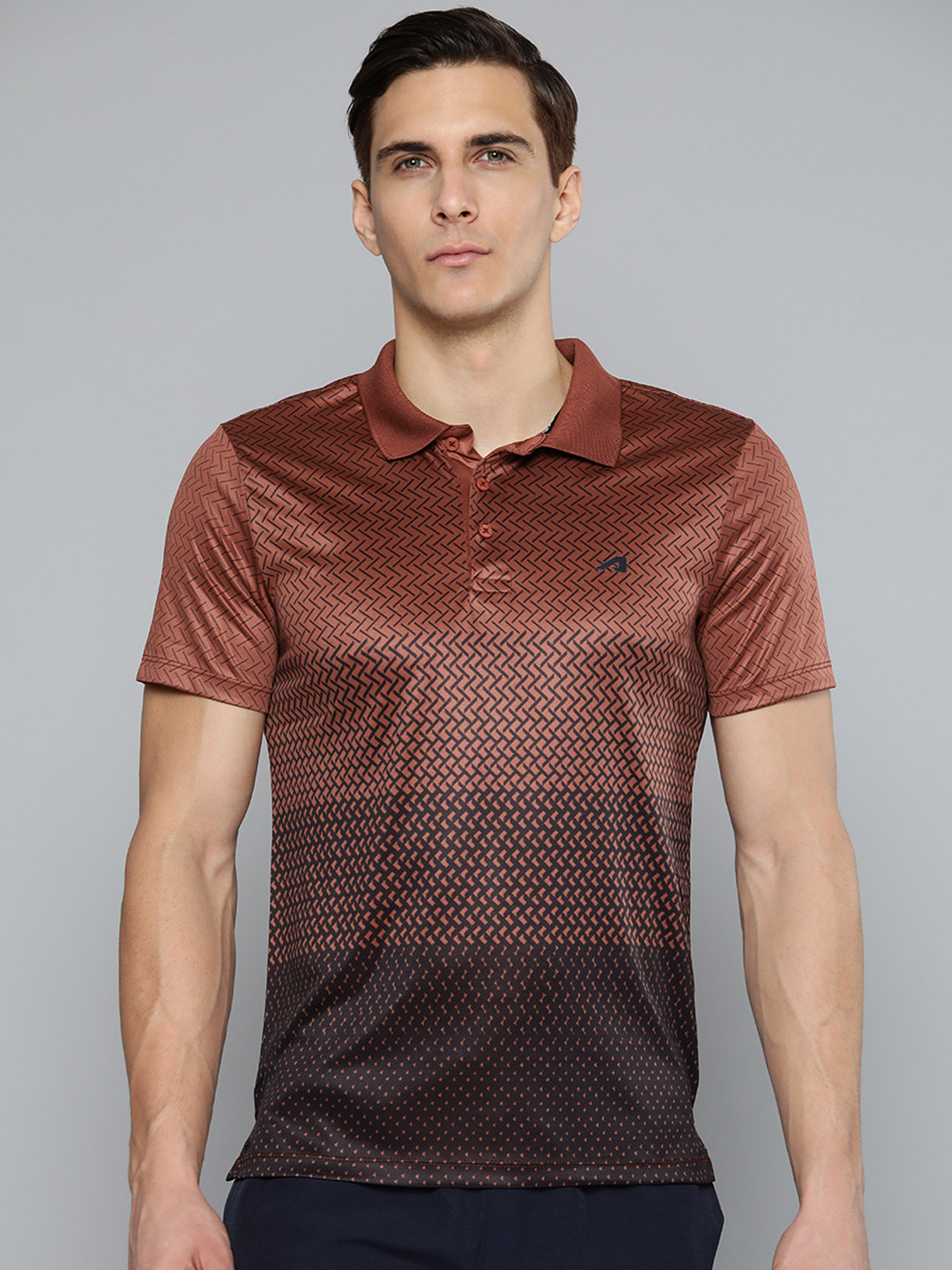 Alcis Men Brown & Black Printed Polo Collar Slim Fit Running T-shirt