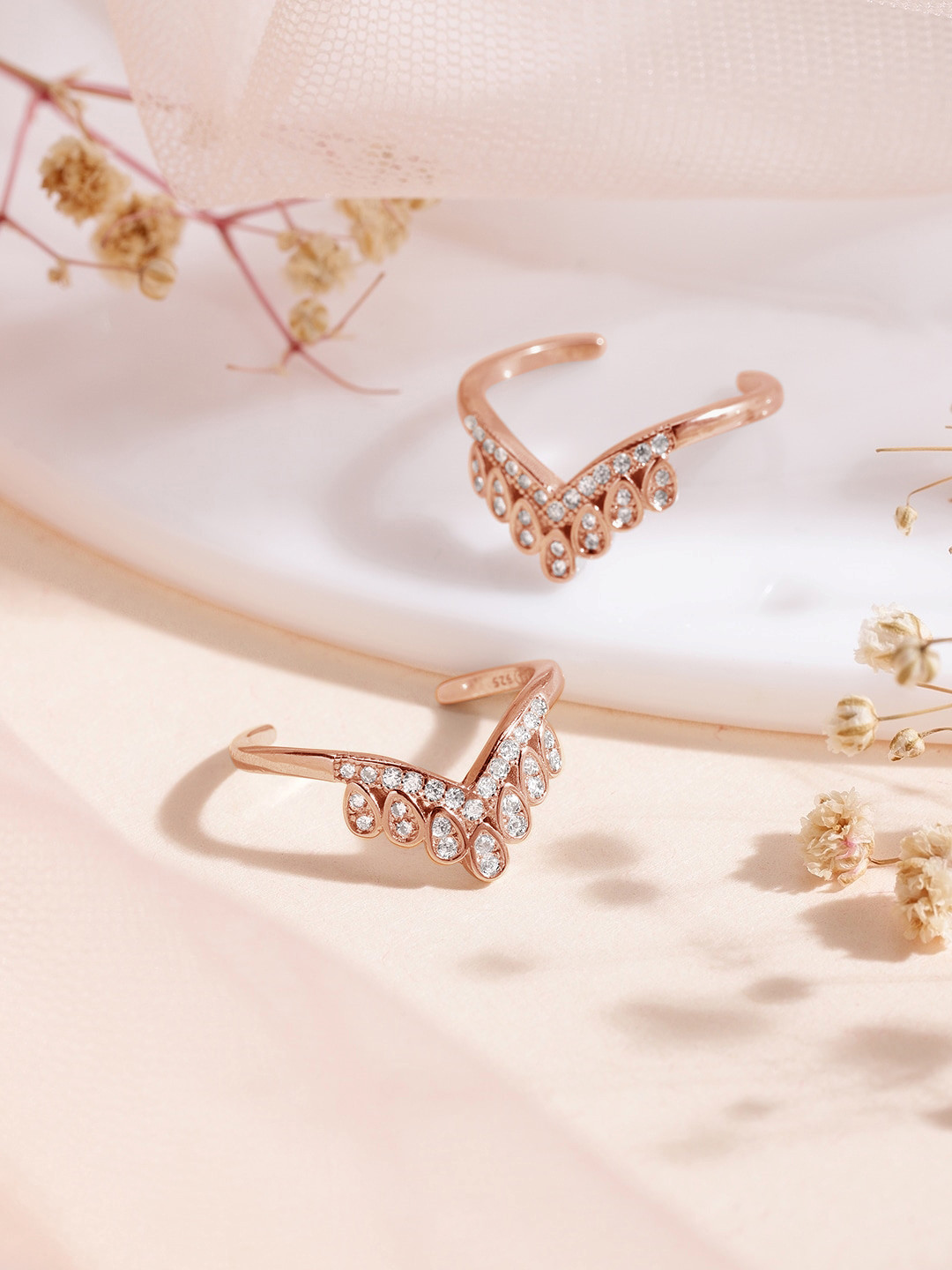 Zavya Women Set of 2 925 Sterling Silver Rose-Gold Plated Studded Crown Shaped Toe Ring
