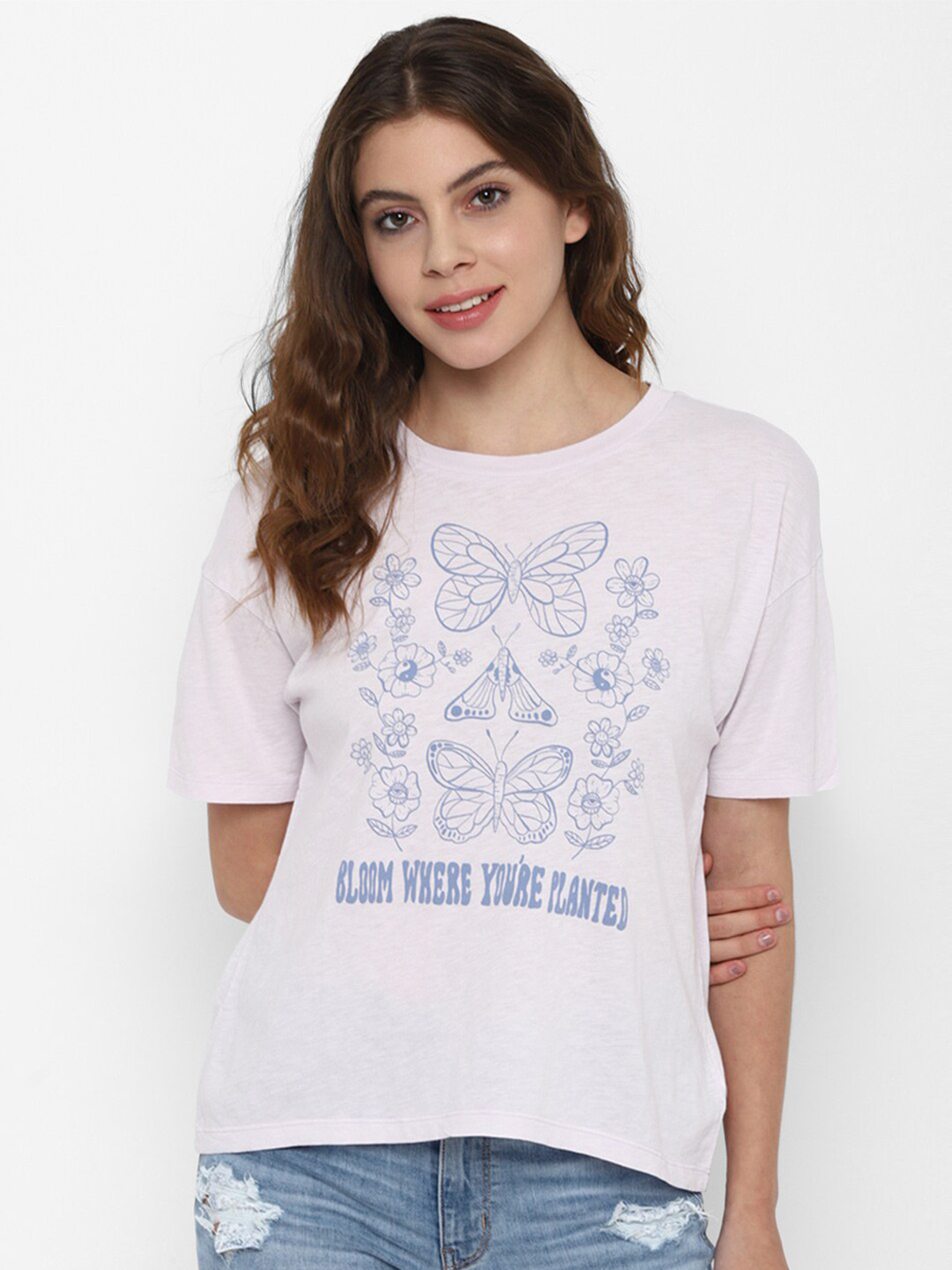 AMERICAN EAGLE OUTFITTERS Women Purple Printed Extended Sleeves Raw Edge T-shirt