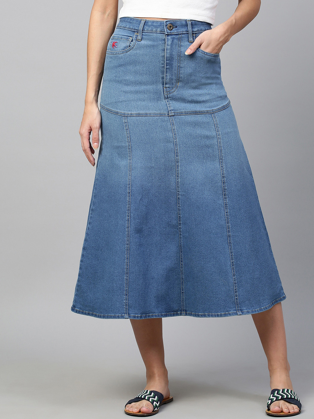 Chemistry Women Blue Solid Flared Midi Denim Skirts