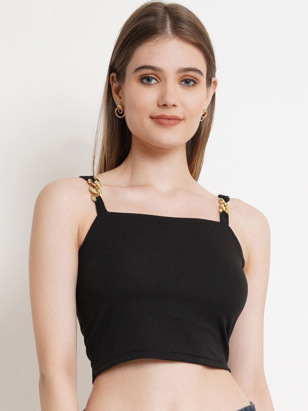 Popwings Black Solid Golden Chain Strap Crop Top