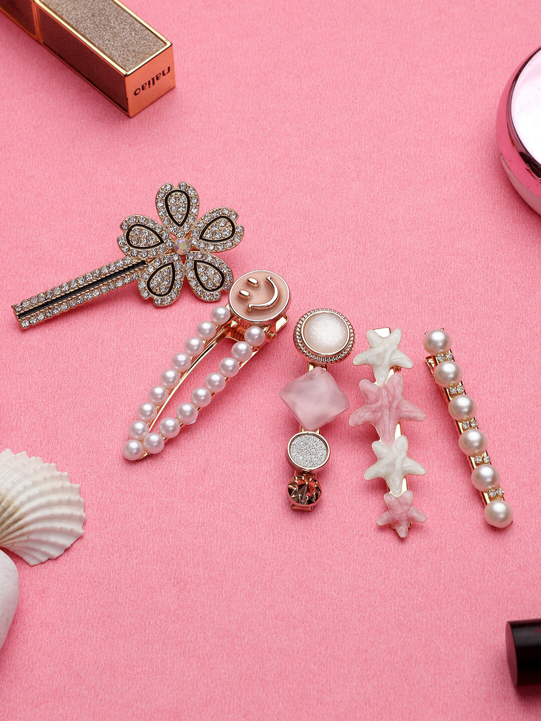 Mali Fionna Women White & Pink Set of 5 Embellished Alligator Hair Clip