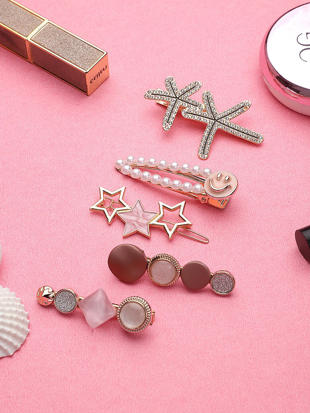 Mali Fionna Women Pink & White Set of 5 Embellished Hair Accessory Set