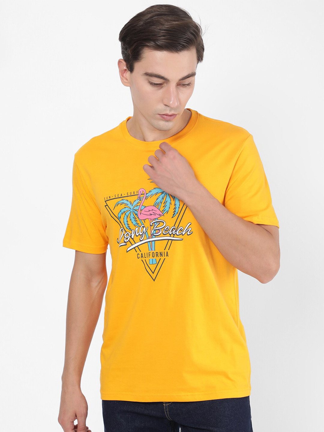 R&B Men Yellow Typography Printed Applique T-shirt
