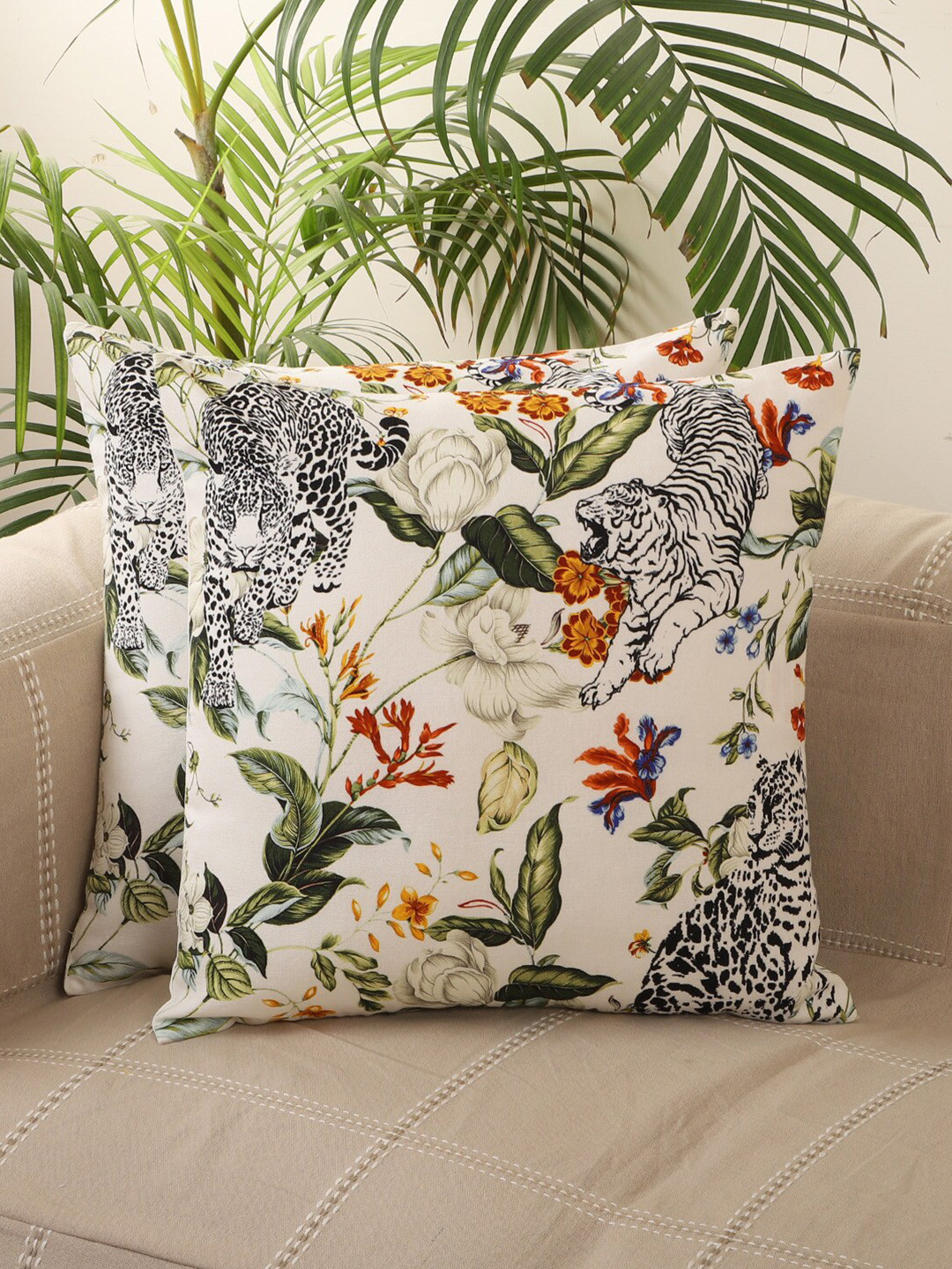 Jamio Firati Pirnted Leopard Desgin Floral Cotton 2 Pcs Cushion Covers - 16 x 16 In