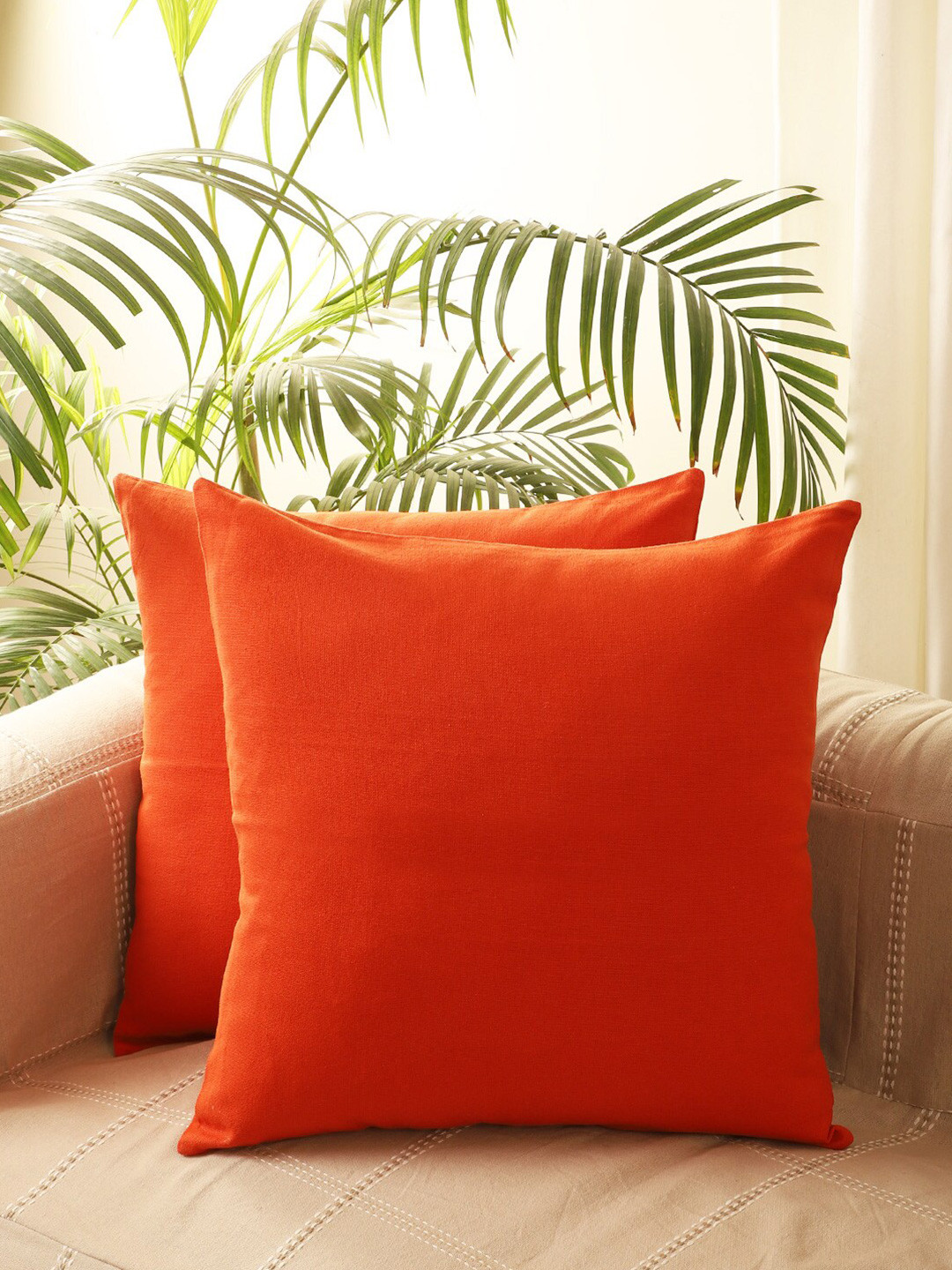 Jamio Firati Light-Weight Orange Cotton Breathable 2 Piece Square Cushion Covers -20x20In