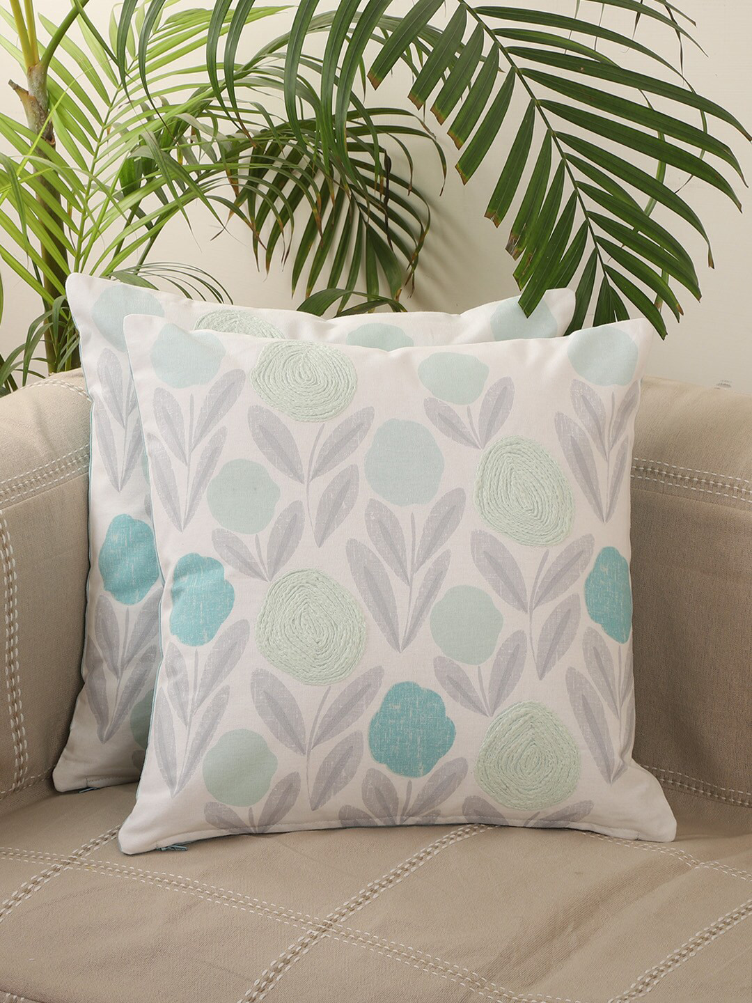 Jamio Firati Embroidered Floral Polyester Silk Breathable 2 Pcs Cushion Covers -16x16In