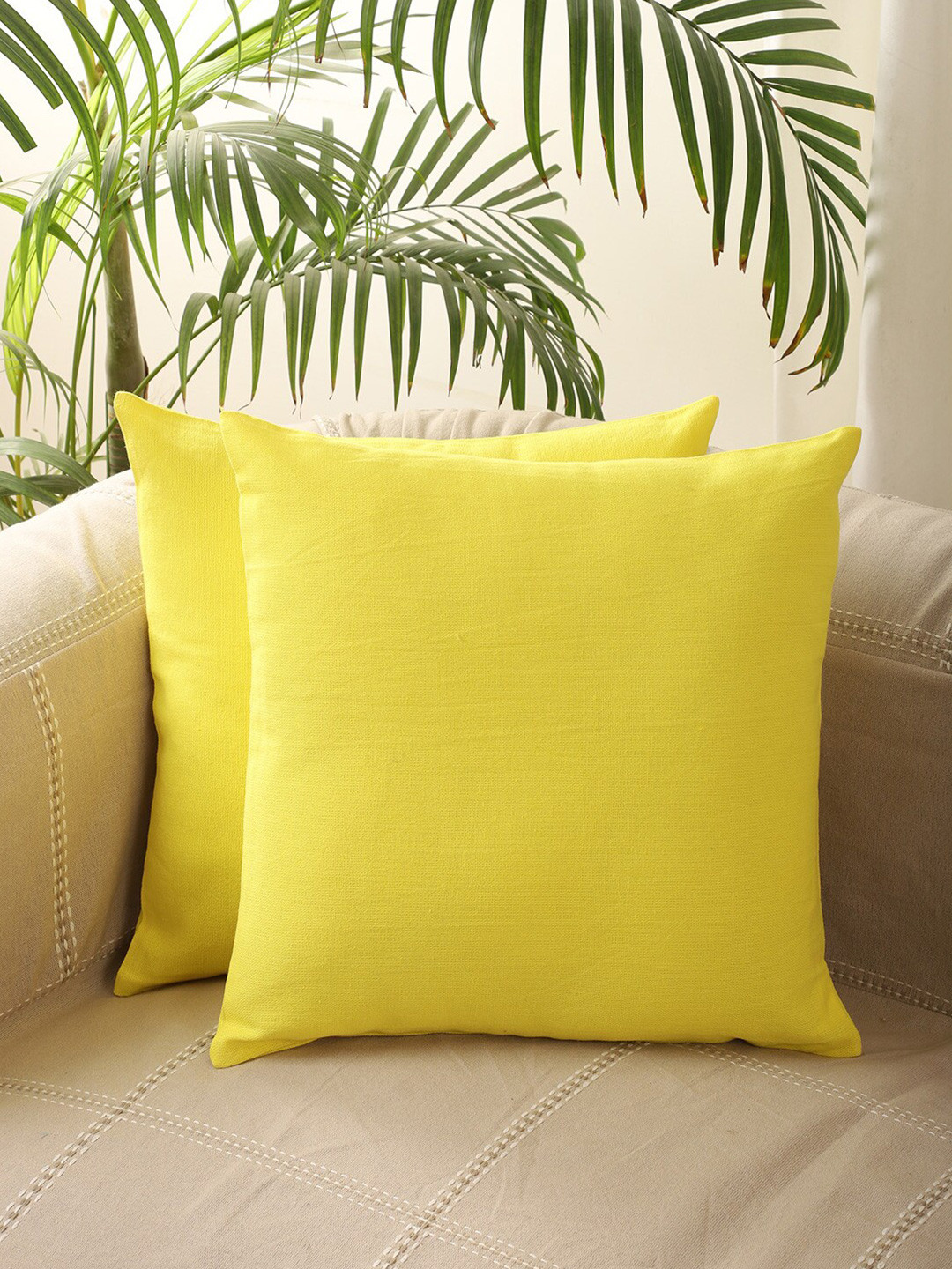 Jamio Firati Yellow Cotton Breathable 2 Textured Square Cushion Covers -16x16In