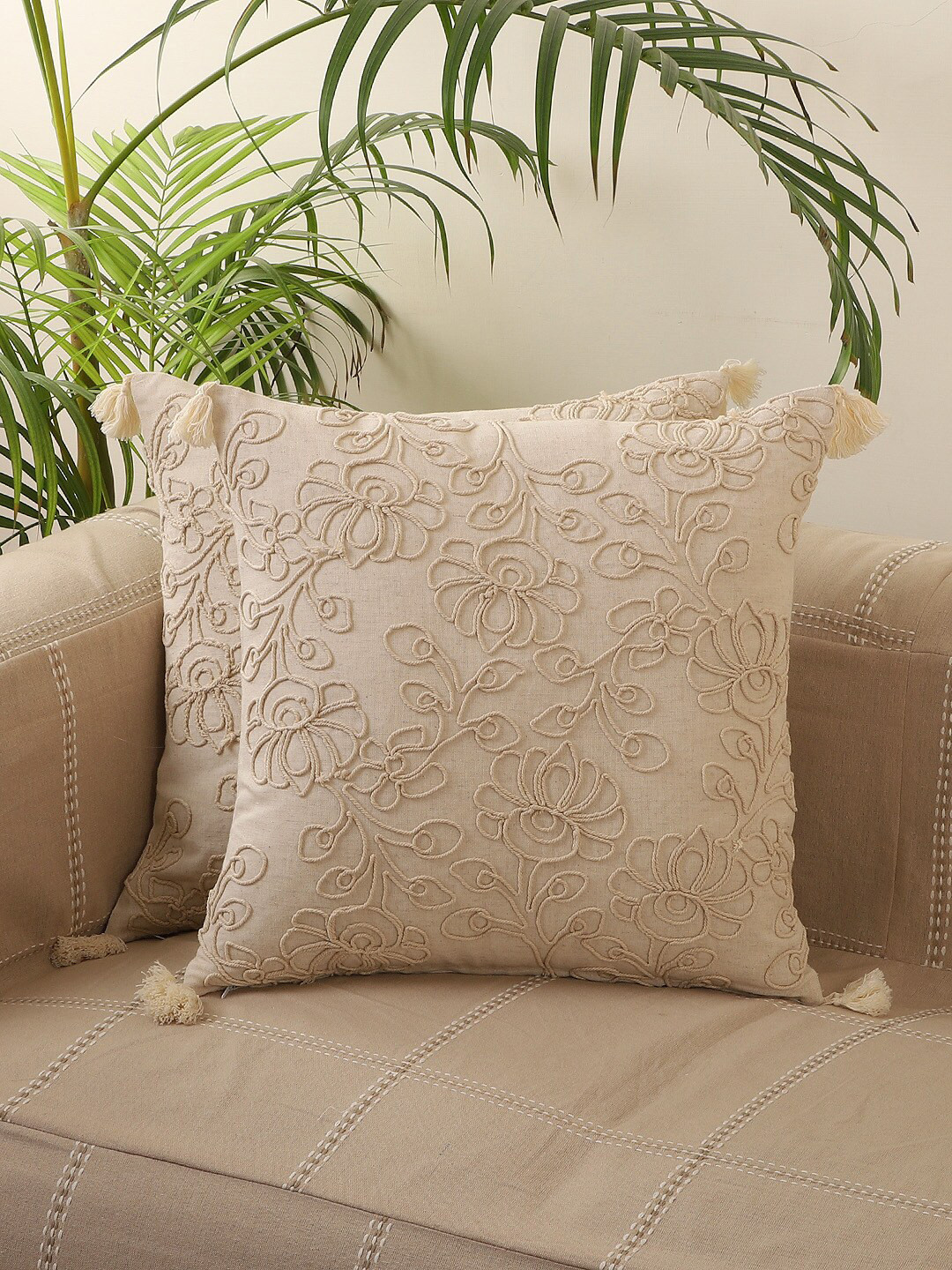 Jamio Firati Floral Off White Cotton 2 Piece Embroidered Square Cushion Covers -18x18In