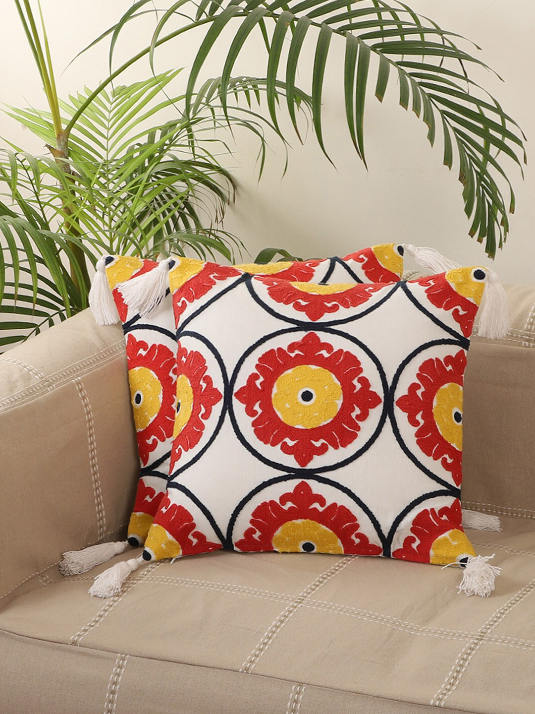 Jamio Firati Embroidery Red Floral Cotton 2 Pcs Embroidered Square Cushion Covers -16x16In