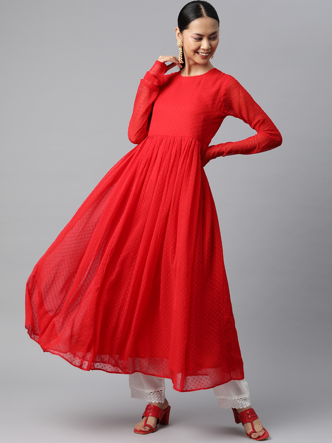 MBE Women Red Dobby Weave Anarkali Kurta - Kurtas for Women 18827956 | Myntra