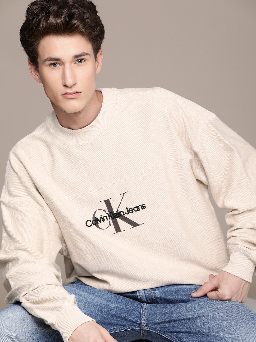 Calvin Klein Jeans Men Beige Brand Logo Printed Pullover Sweatshirt