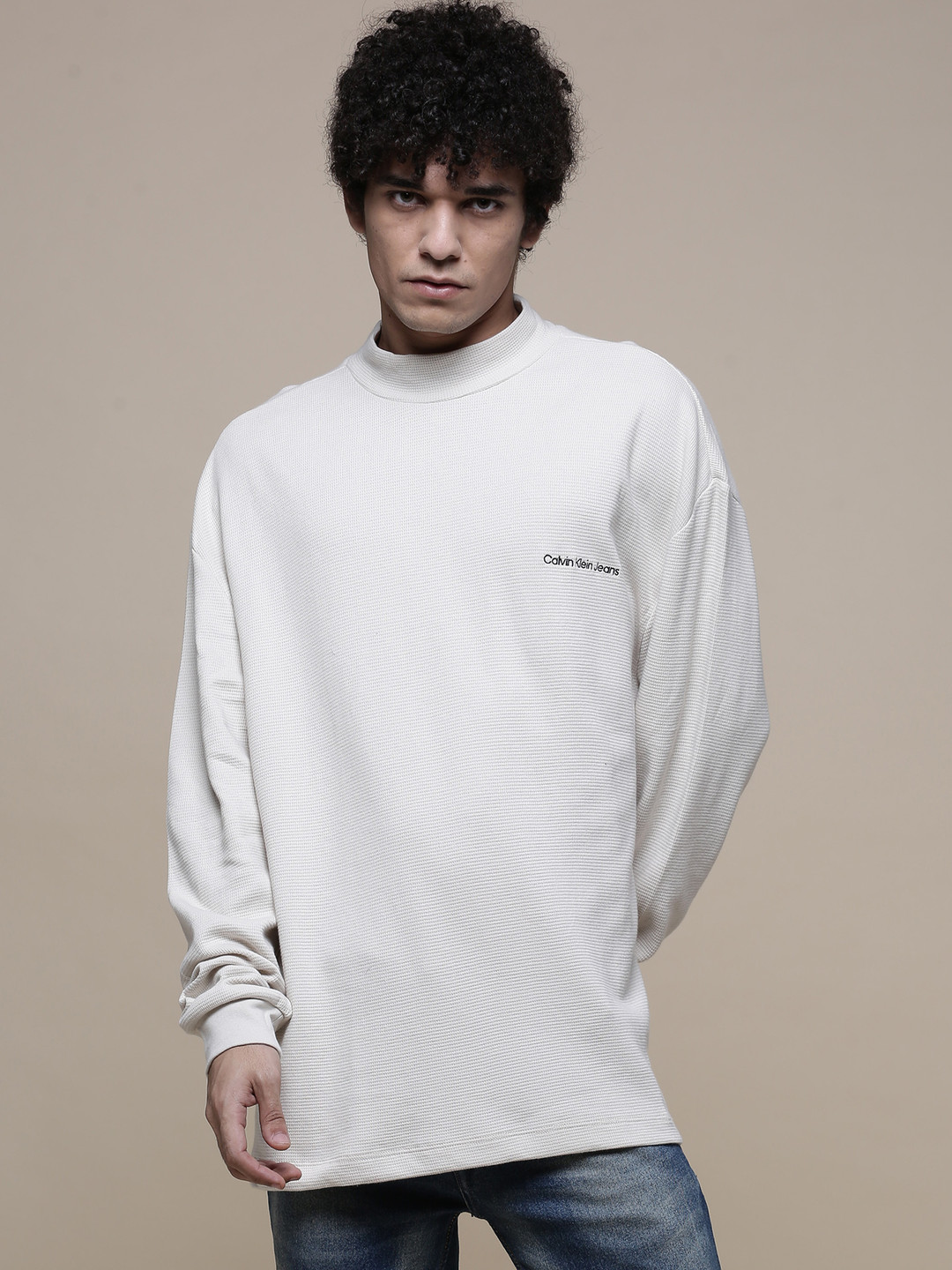 Calvin Klein Jeans Men Off White Self Design High Neck Extended Sleeves  Slim Fit T-shirt