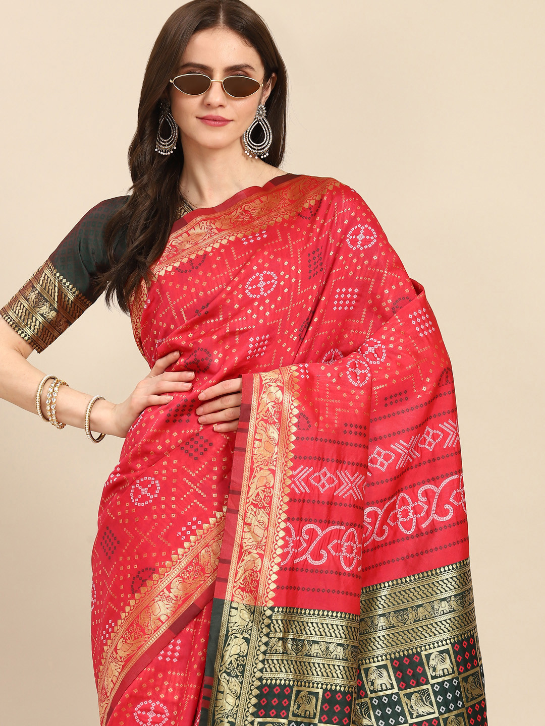 Mitera Pink & Black Bandhani Silk Cotton Banarasi Saree