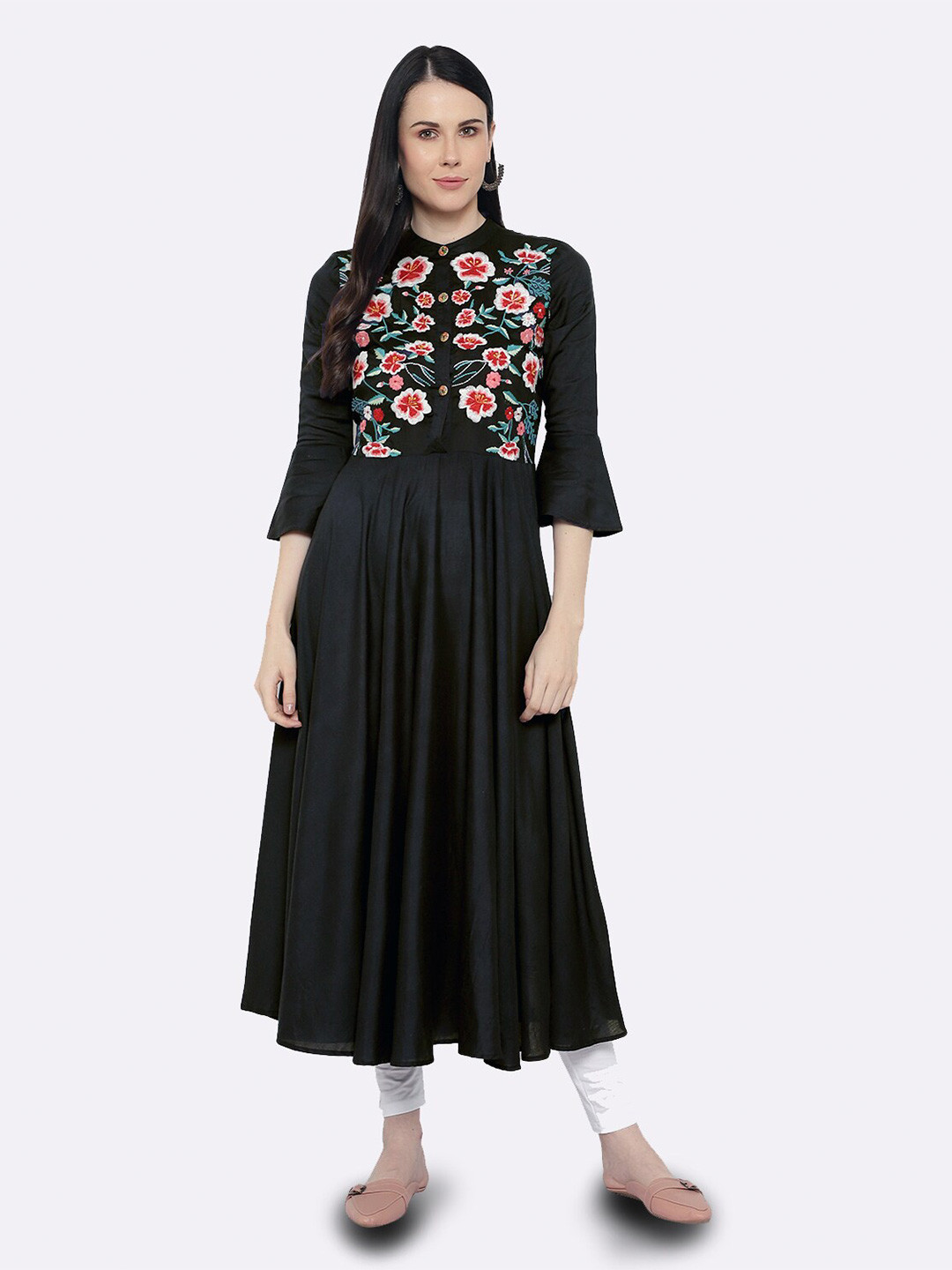 shashvi Black Floral Embroidered Thread Work Thread Work Anarkali Kurti
