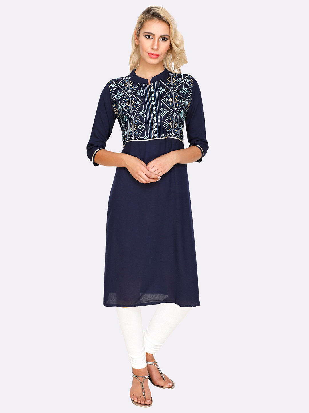 shashvi Blue Geometric Embroidered Straight Kurti
