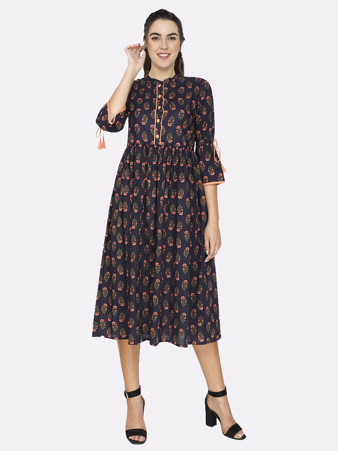 shashvi Blue & Coral Floral Printed Dress