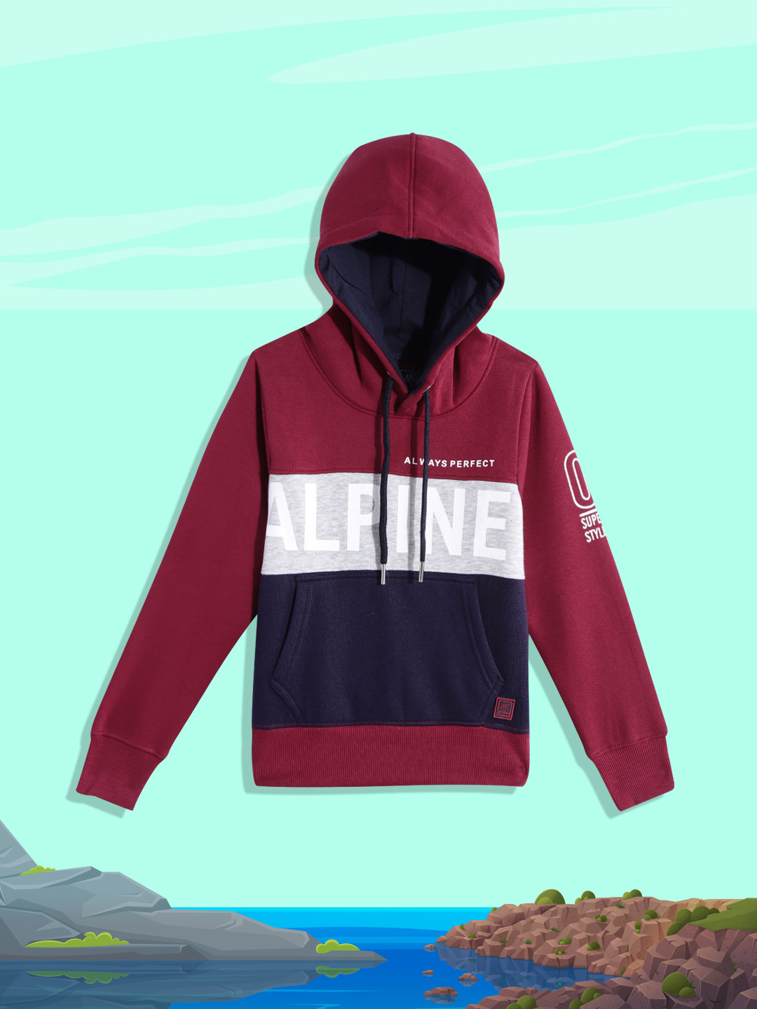 Little Marco Boys Maroon & Grey Striped Hooded Sweatshirt