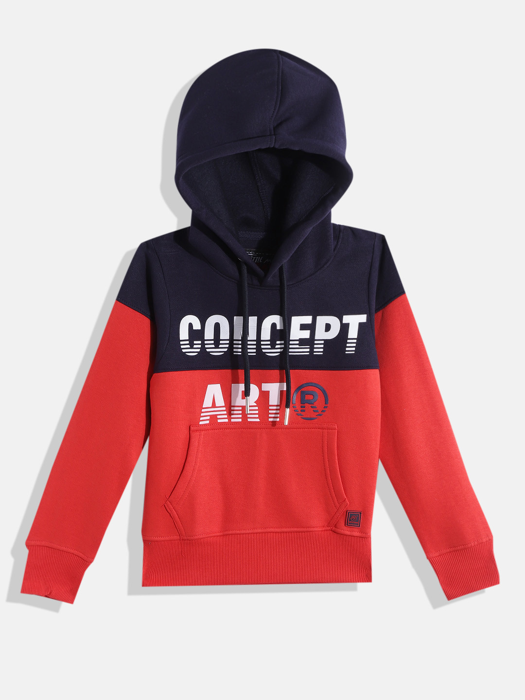 Little Marco Boys Red & Navy Blue Colourblocked & Typography Print Hooded Sweatshirt