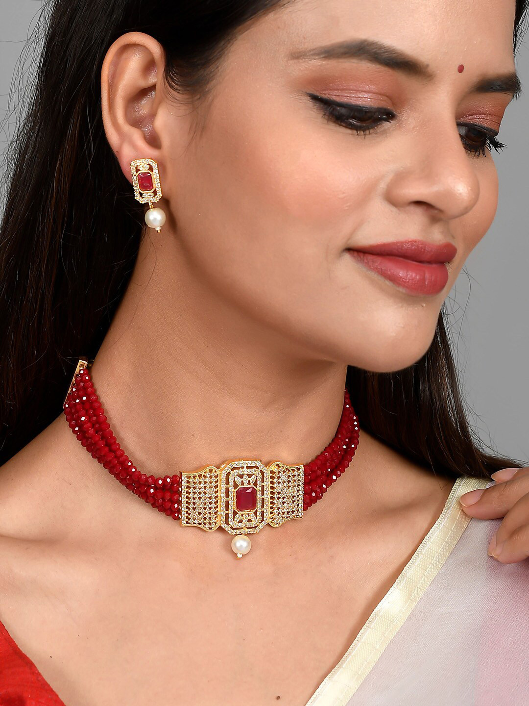 Silvermerc Designs Gold-Plated Red American Diamond & White Pearl Studded Choker Jewellery Set