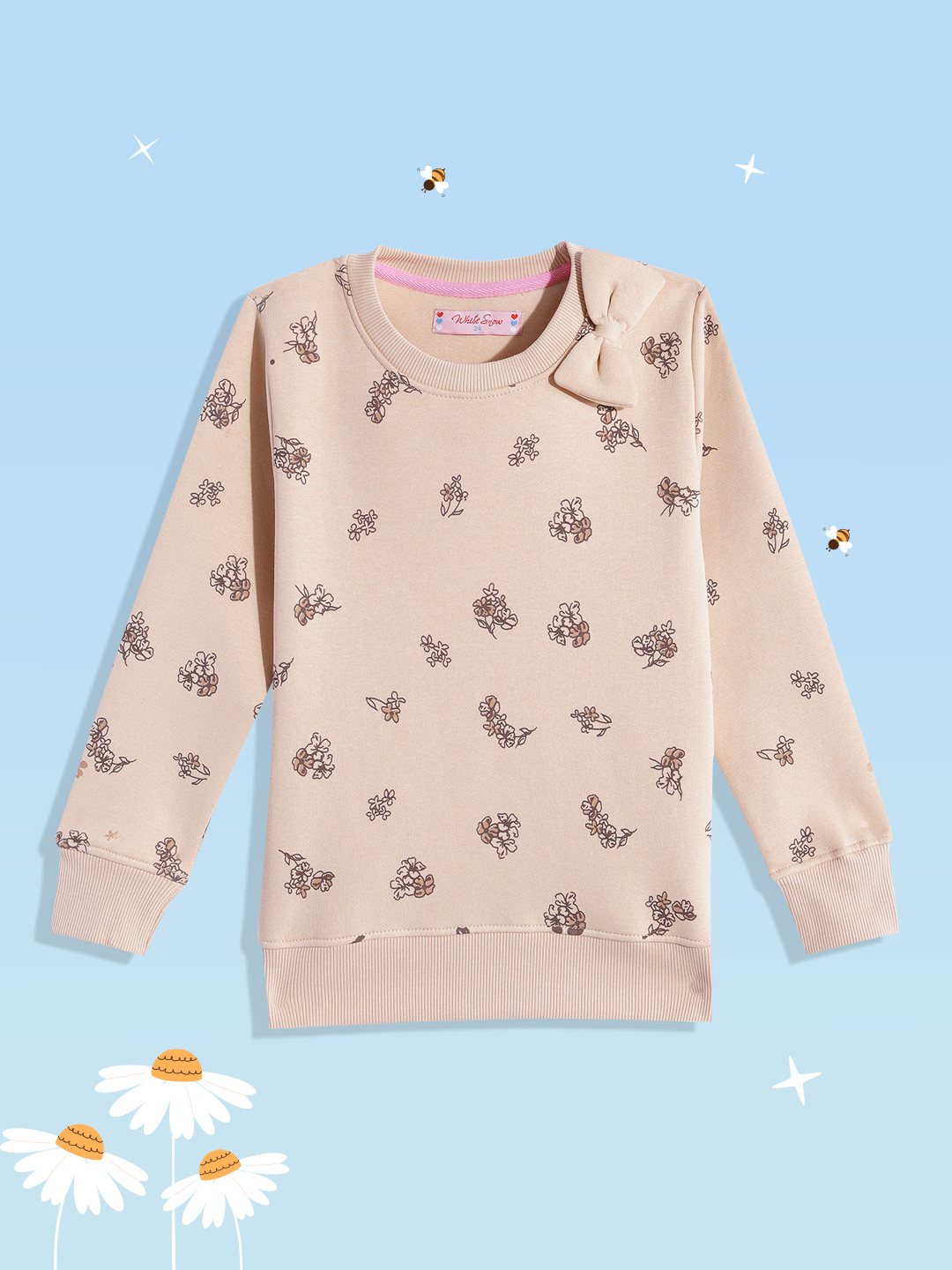 White Snow Girls Beige & Coffee Brown Floral Printed Bow Detail Sweatshirt