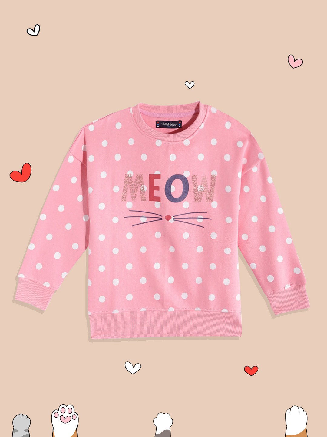 White Snow Girls Pink & White Polka Dot & Typography Printed Sweatshirt