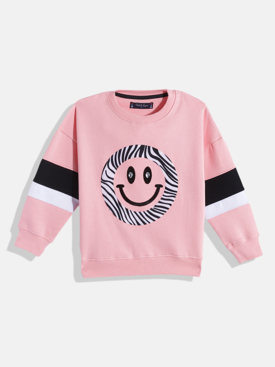 White Snow Girls Pink & Black Graphic Printed Stone Embellished Hooded Sweatshirt