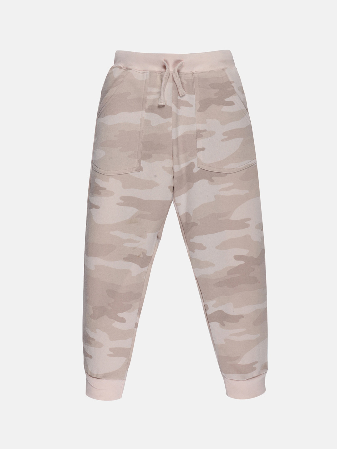 KiddoPanti Girls Beige Camouflage Printed Track Pants