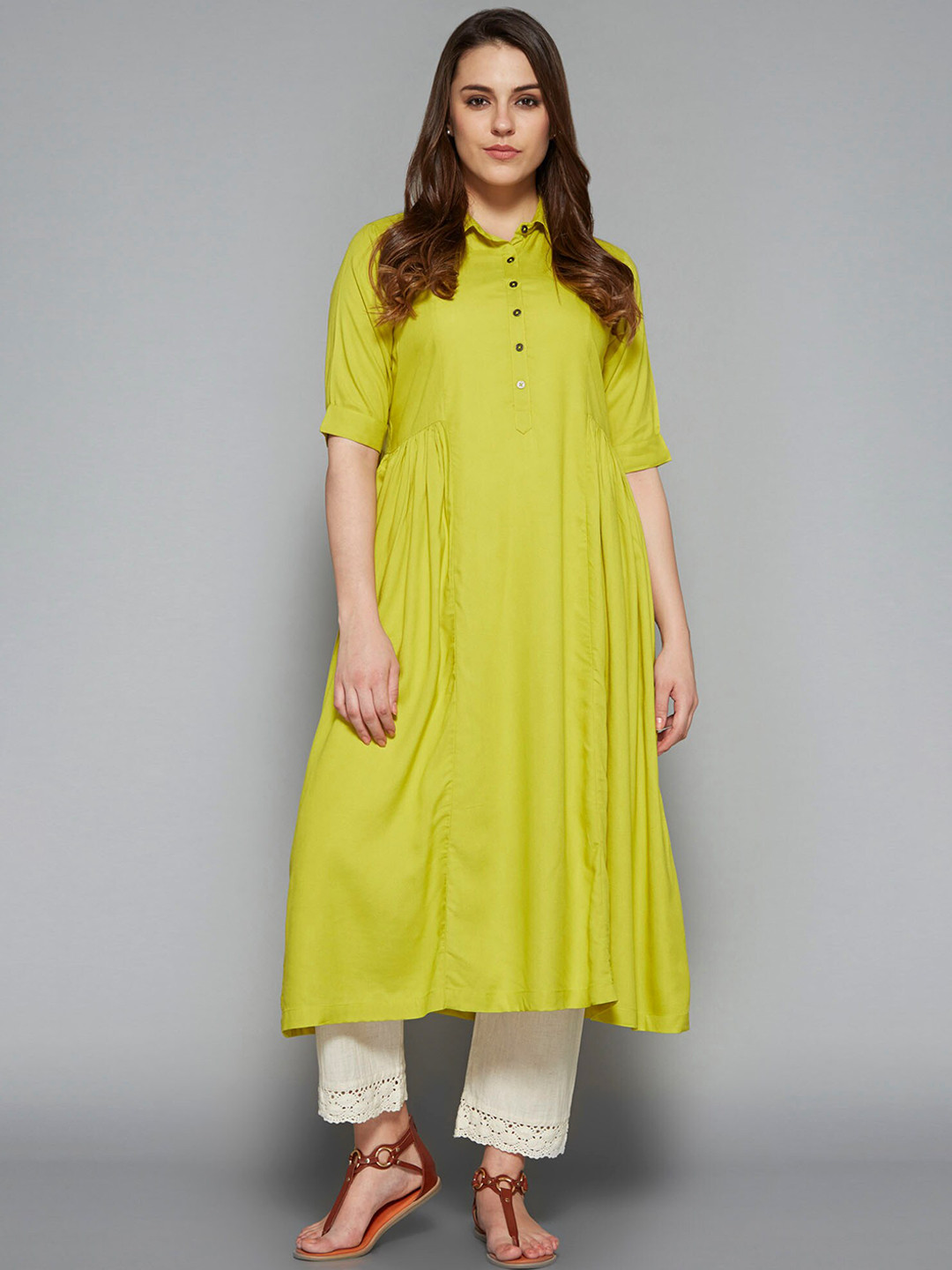 Pistaa Women Lime Green Geometric Thread Work Anarkali Kurta