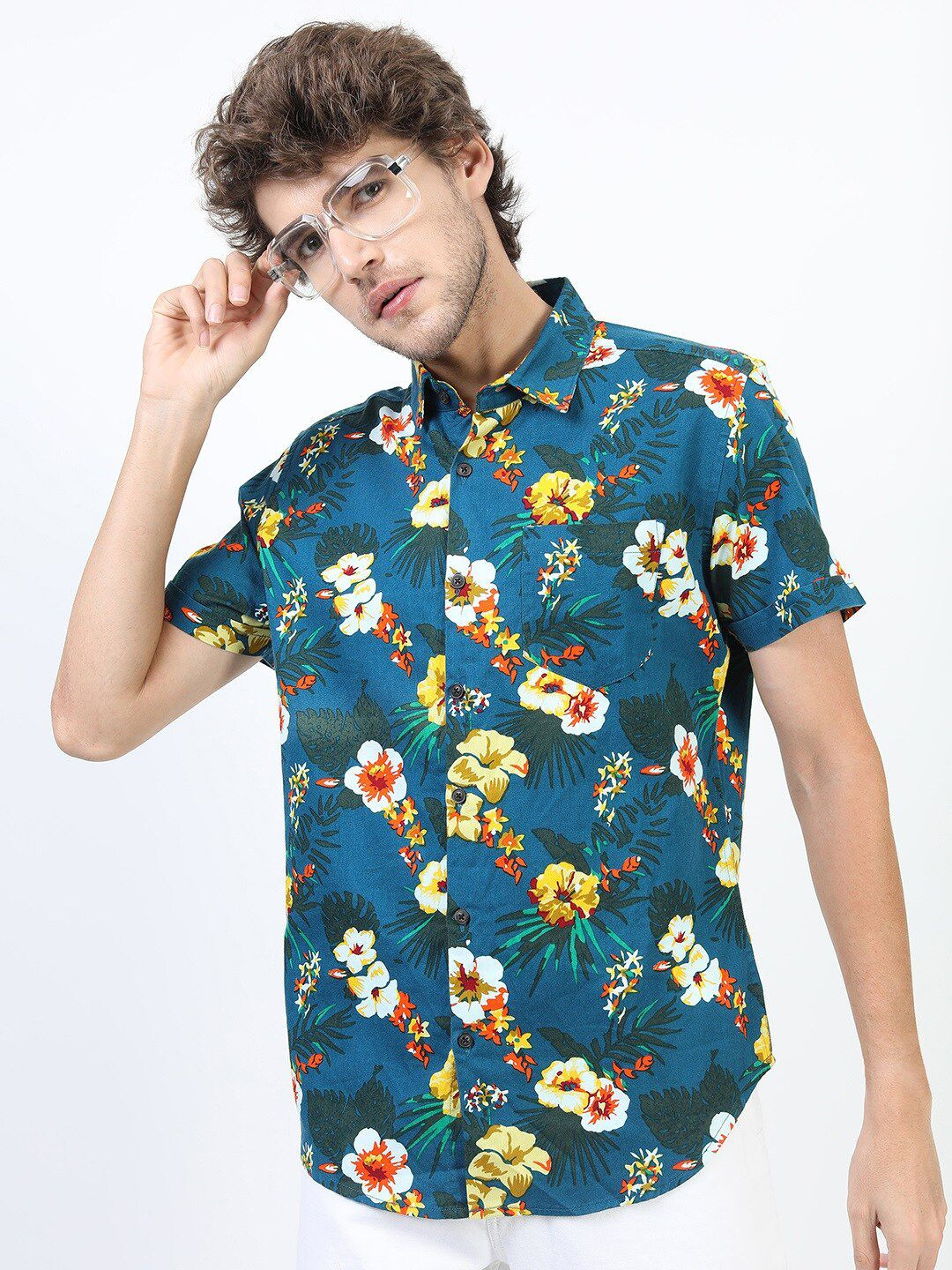 HIGHLANDER Men Teal Slim Fit Floral Printed Casual Shirt