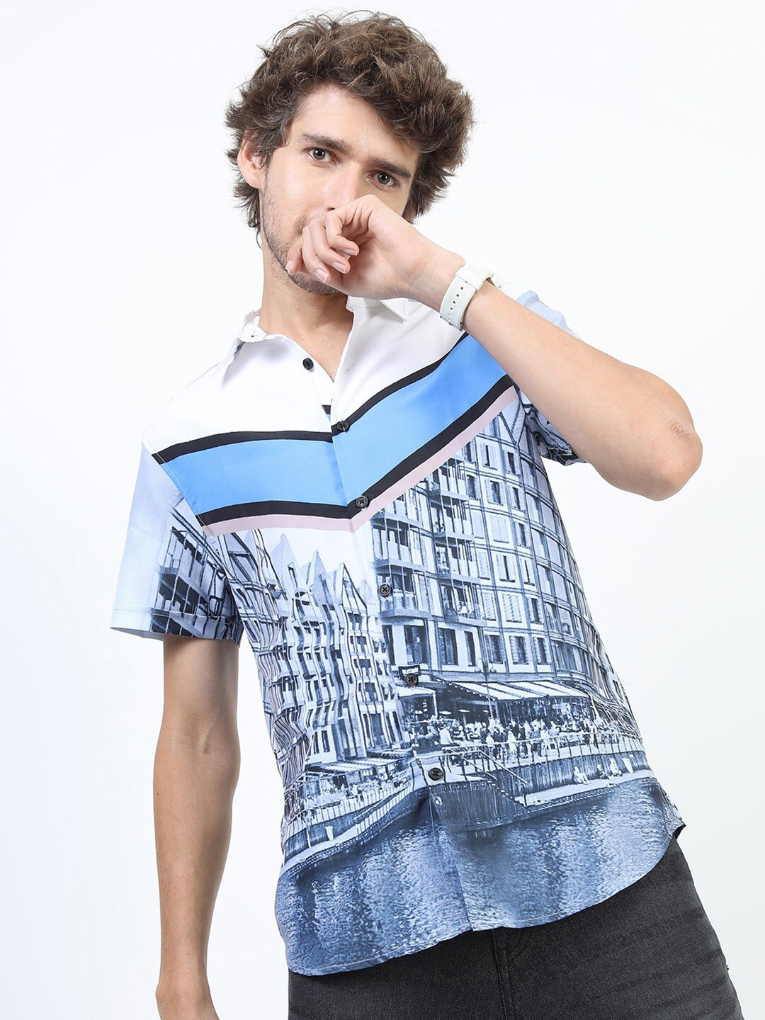 HIGHLANDER Men White Slim Fit Printed Casual Shirt