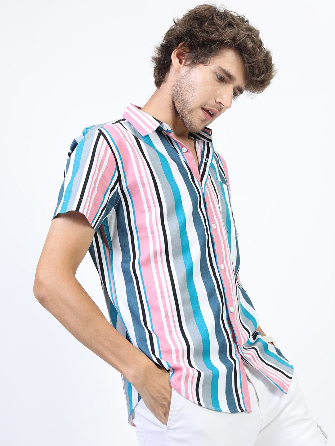 HIGHLANDER Men Teal Slim Fit Multi Stripes Striped Casual Shirt