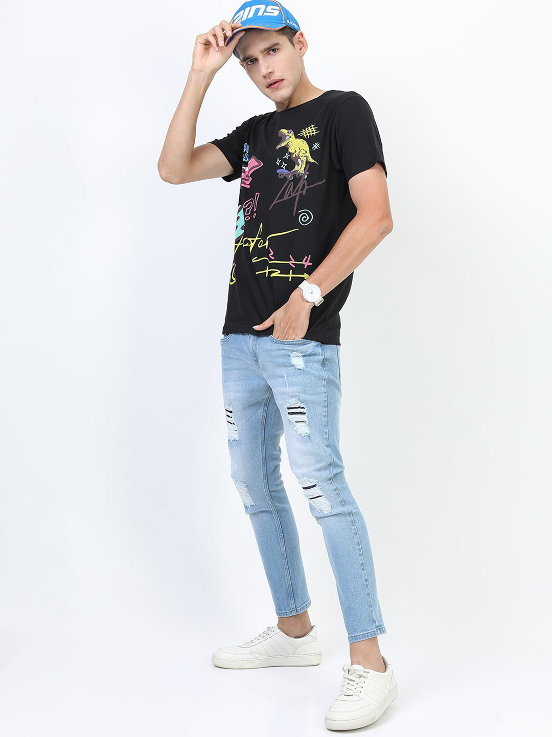 KETCH Men Black Biker Printed Raw Edge Slim Fit T-shirt