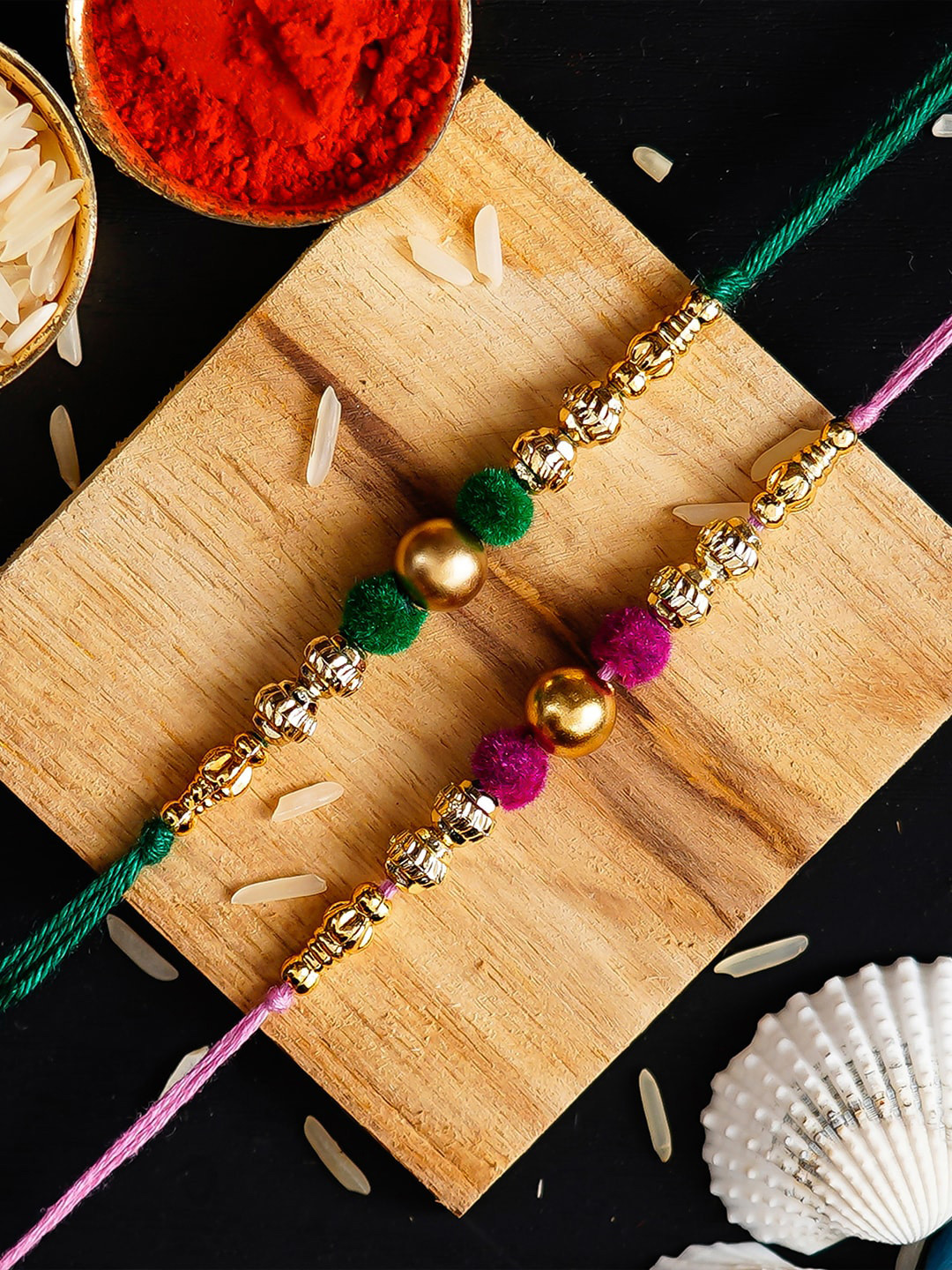 eCraftIndia Set Of 2 Green & Pink Stone-Studded Rakhis