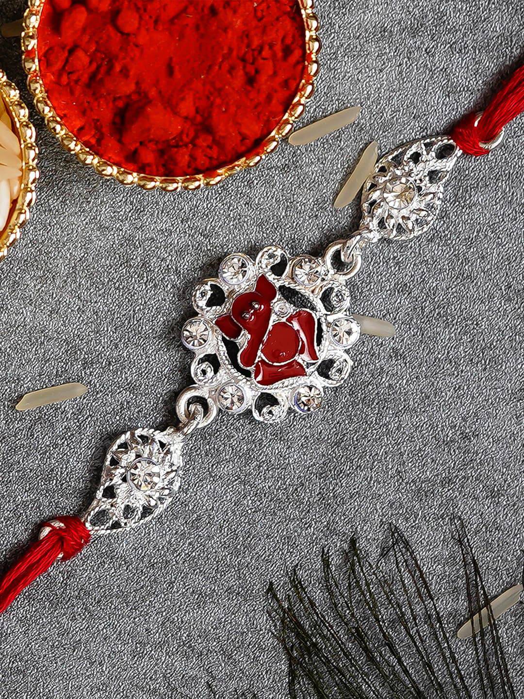 eCraftIndia Red & Silver Stone Studded Lord Ganesh Rakhi With Roli Chawal