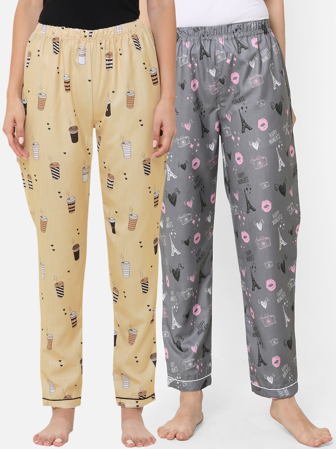 FashionRack Women Pack of 2 Grey & Yellow Printed Cotton Lounge Pants