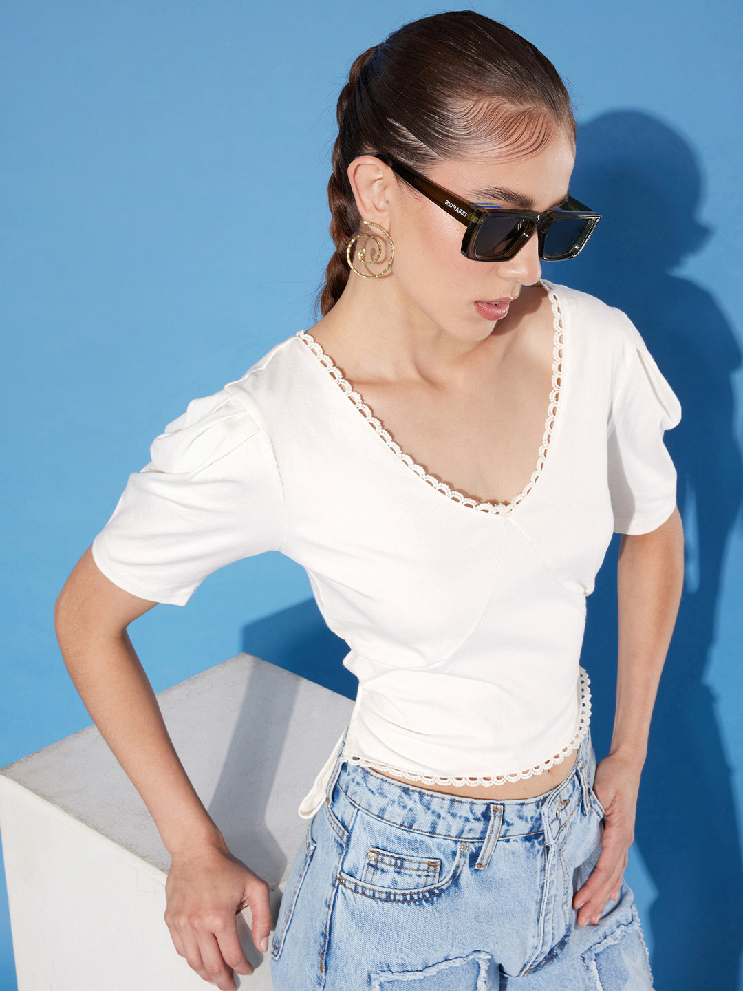 Style Quotient White Solid Cotton Styled Back Crop Top
