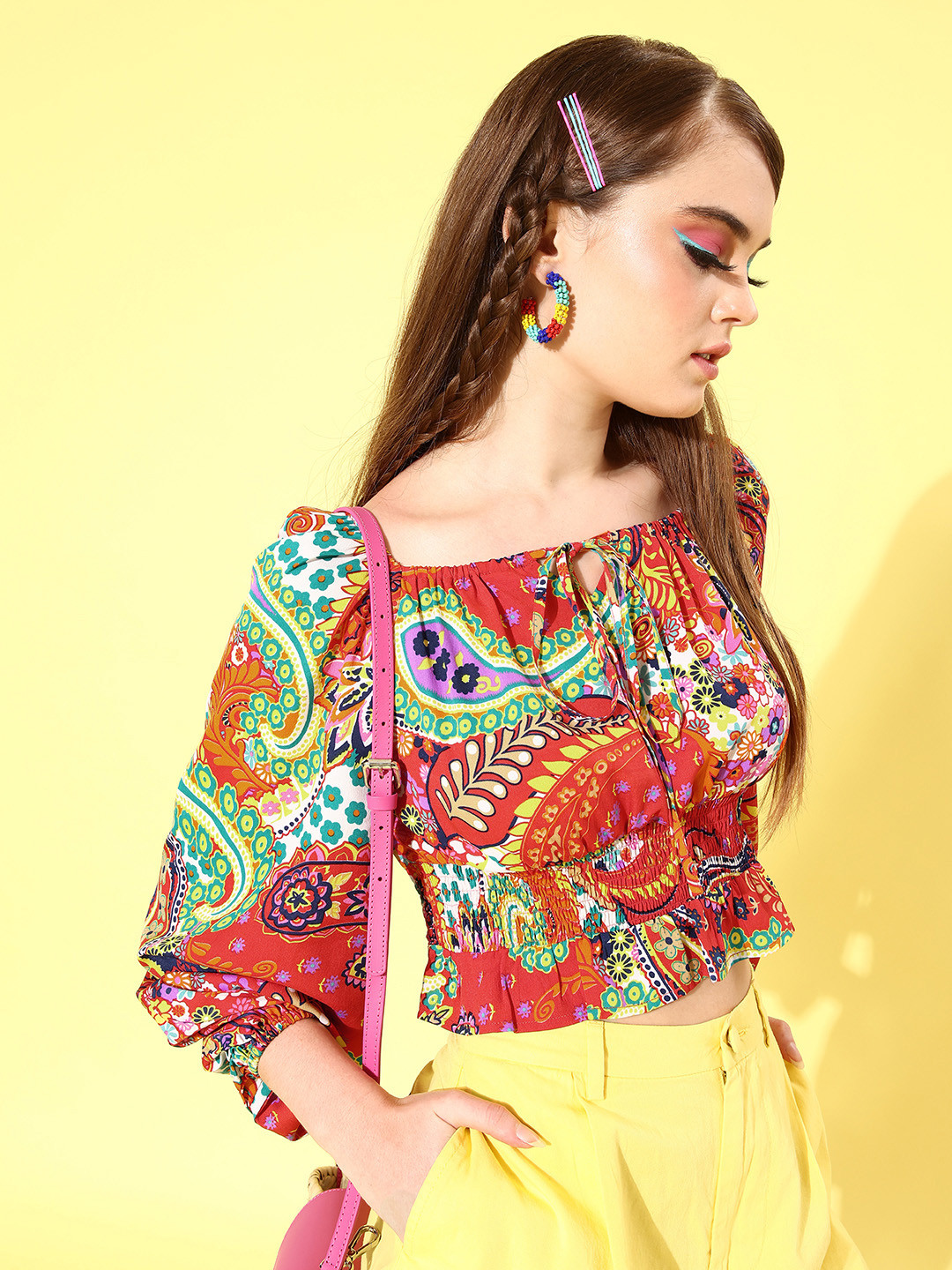 Style Quotient Red Ethnic Motifs Volume Play Top