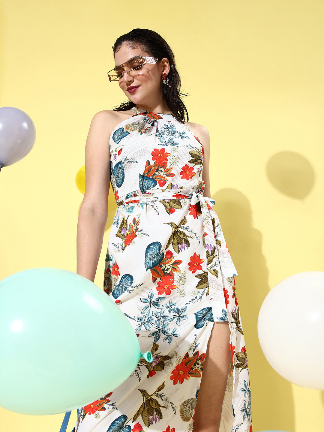 Style Quotient Multicoloured Floral Halter Neck Crepe Maxi Dress